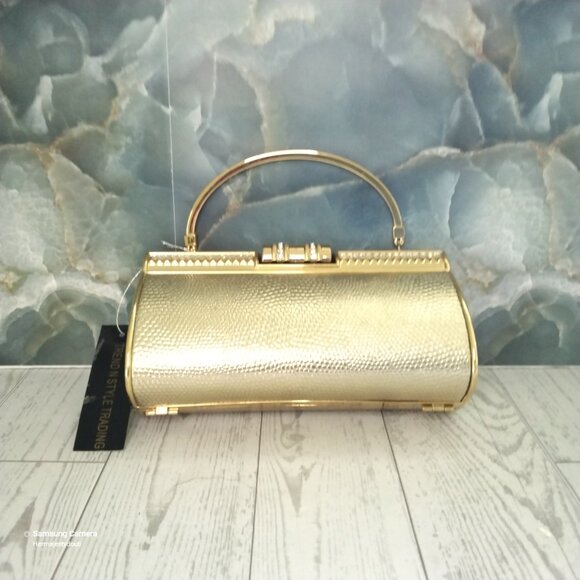 3-Way Gold Clutch Evening Bag Solid Handle Crystal Latch Removable Chain Strap - Picture 5 of 8